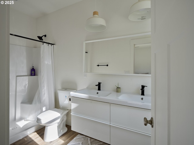 159 Bootjack Ln, Rose Valley, WA 98626 - bathroom with double vanity, toilet, a shower with shower curtain, and wood finished floors