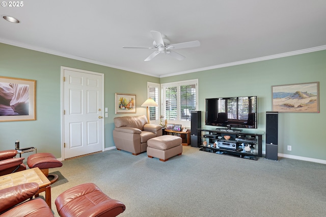 living room with carpet floors, baseboards, a ceiling fan, crown molding, and recessed lighting