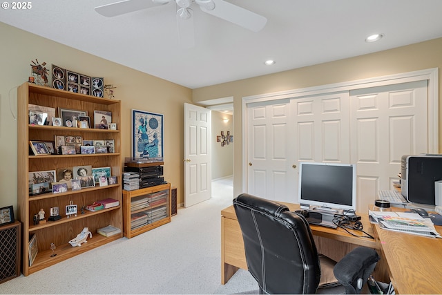 office with ceiling fan, light carpet, and recessed lighting