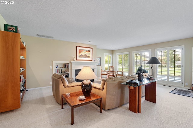 living room with a fireplace, healthy amount of natural light, a textured ceiling, and baseboards