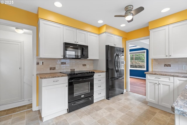 4621 NE 37th Ave, Portland, OR 97211 - kitchen featuring black appliances, ceiling fan, white cabinets, tasteful backsplash, and baseboards