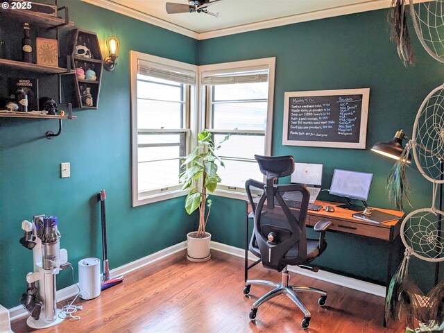 4621 NE 37th Ave, Portland, OR 97211 - office featuring ornamental molding, healthy amount of natural light, wood finished floors, baseboards, and ceiling fan