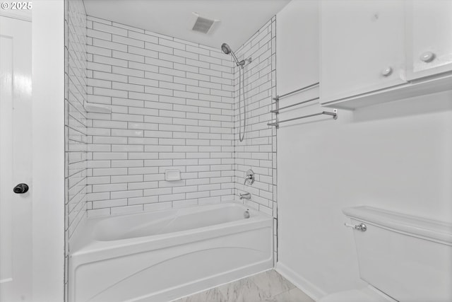 4621 NE 37th Ave, Portland, OR 97211 - full bath featuring shower / bath combination, toilet, marble look tile flooring, and baseboards