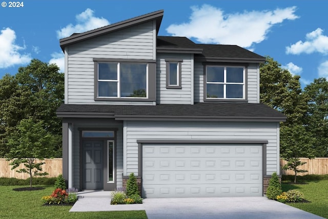 view of front of home featuring an attached garage, fence, concrete driveway, and a front yard