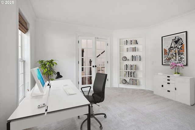 12723 Adrian Ct, Lake Oswego, OR 97034 - carpeted office with crown molding, french doors, and built in features
