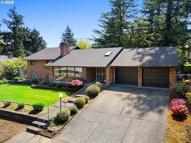 15416 NE Holladay St, Portland, OR 97230 - view of front facade featuring a front lawn, a chimney, brick siding, an attached garage, and driveway