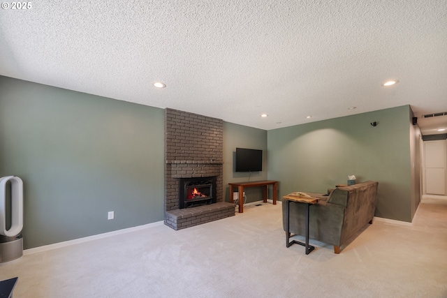 1378 SW Taylors Ferry Ct, Portland, OR 97219 - living room with light carpet, recessed lighting, a textured ceiling, and a brick fireplace