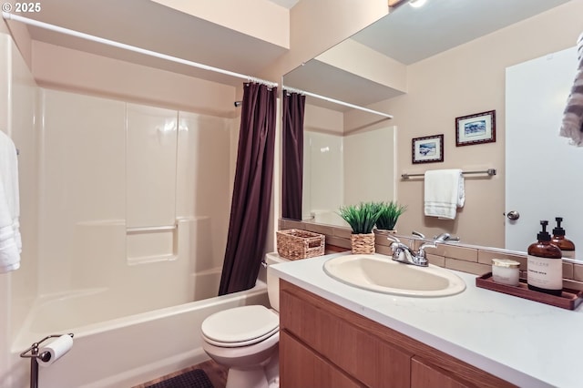full bathroom with shower / tub combo with curtain, toilet, and vanity