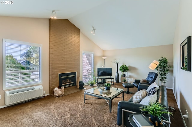 living room with a wall unit AC, high vaulted ceiling, a fireplace, carpet, and baseboards
