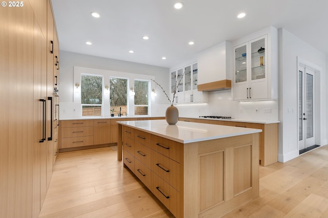 kitchen featuring tasteful backsplash, custom exhaust hood, a center island, and light wood finished floors