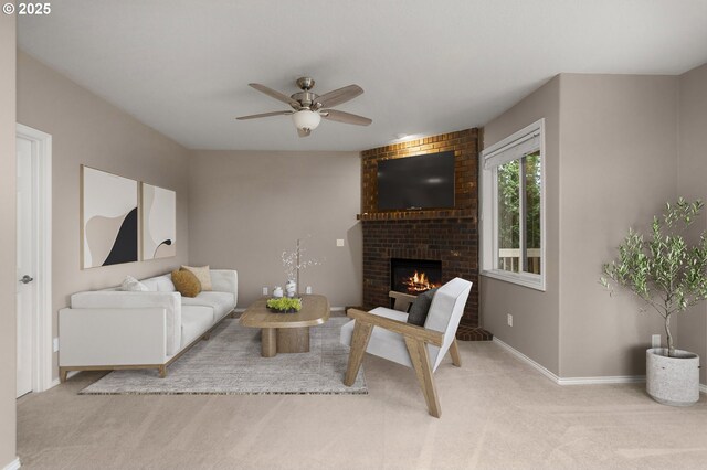 living room featuring carpet floors, ceiling fan, baseboards, and a fireplace