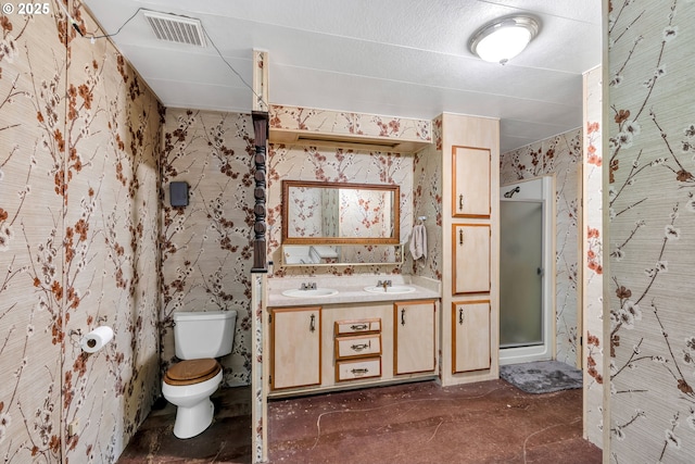 24344 NW Meacham Rd, North Plains, OR 97133 - full bath with wallpapered walls, toilet, double vanity, and a stall shower
