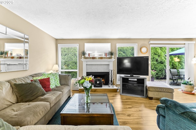 1018 S Holly Ct, Canby, OR 97013 - living room featuring wood finished floors, a textured ceiling, and a tiled fireplace