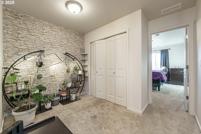 interior space featuring a textured ceiling and light colored carpet