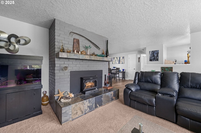 35363 Woodland Ln, Astoria, OR 97103 - living area with carpet floors, a textured ceiling, and a fireplace