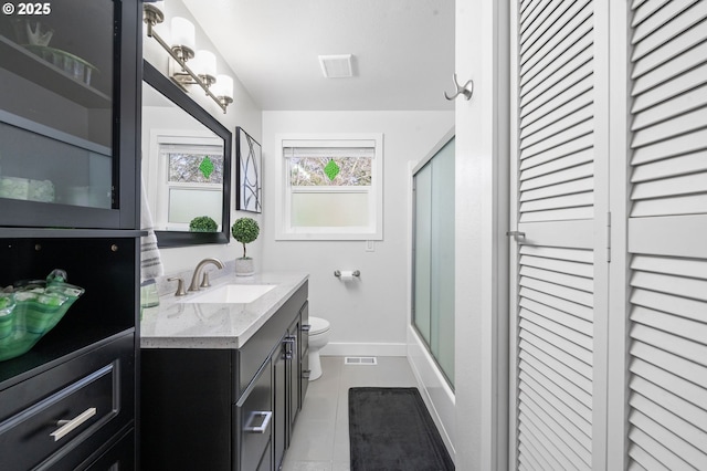 35363 Woodland Ln, Astoria, OR 97103 - bathroom featuring visible vents, toilet, an enclosed shower, vanity, and tile patterned flooring