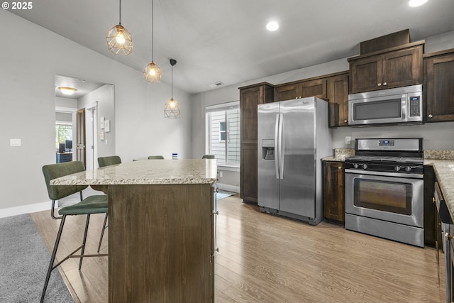 2474 Equestrian Loop S, Salem, OR 97302 - kitchen with stainless steel appliances, dark brown cabinetry, a kitchen bar, light wood-type flooring, and healthy amount of natural light