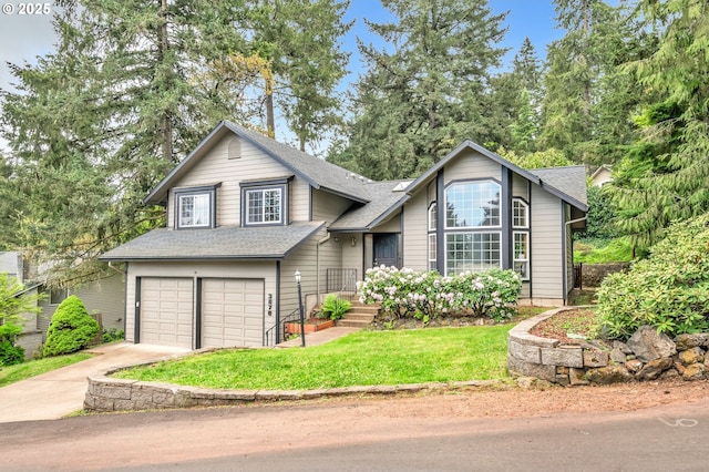 3870 Ashford Dr, Eugene, OR 97405 - split level home with driveway, a garage, a shingled roof, and a front yard