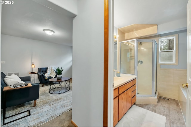 3870 Ashford Dr, Eugene, OR 97405 - bathroom with a stall shower, vanity, and a bath