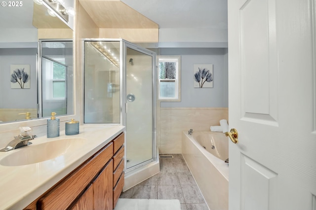 3870 Ashford Dr, Eugene, OR 97405 - full bath featuring vanity, a shower stall, a bath, and wainscoting