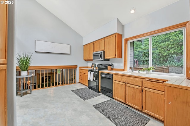 3870 Ashford Dr, Eugene, OR 97405 - kitchen with black appliances, tile countertops, a sink, and high vaulted ceiling