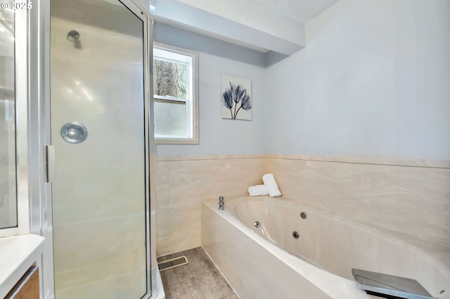 3870 Ashford Dr, Eugene, OR 97405 - full bath featuring a jetted tub, a shower stall, tile patterned floors, and vanity