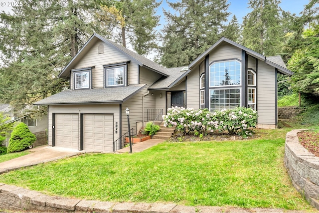 3870 Ashford Dr, Eugene, OR 97405 - tri-level home with a garage, roof with shingles, a front yard, and concrete driveway