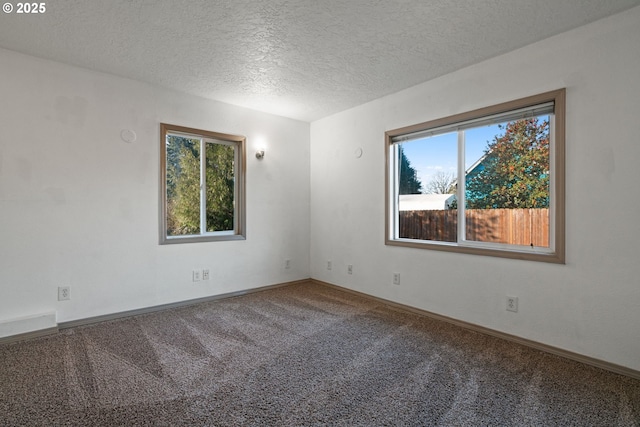 unfurnished room with a textured ceiling and carpet flooring