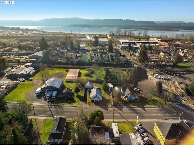 birds eye view of property featuring a water and mountain view