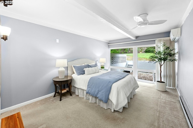 4460 SW Scholls Ferry Rd Unit 5, Portland, OR 97225 - bedroom with baseboard heating, an AC wall unit, light carpet, beamed ceiling, and a ceiling fan