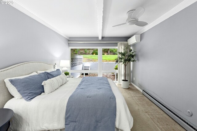4460 SW Scholls Ferry Rd Unit 5, Portland, OR 97225 - carpeted bedroom featuring a baseboard heating unit, a wall mounted air conditioner, beamed ceiling, a ceiling fan, and ornamental molding