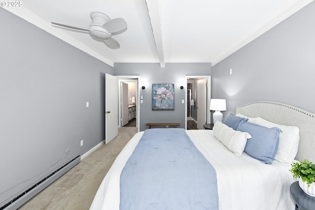 4460 SW Scholls Ferry Rd Unit 5, Portland, OR 97225 - bedroom with baseboard heating, beam ceiling, light carpet, ensuite bathroom, and ceiling fan