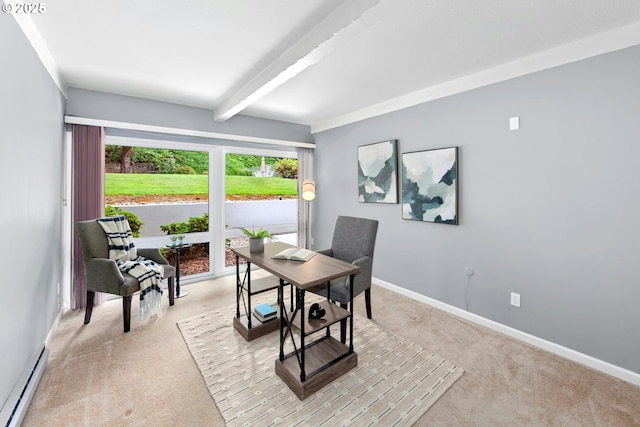 4460 SW Scholls Ferry Rd Unit 5, Portland, OR 97225 - office area featuring light colored carpet, a baseboard radiator, and beamed ceiling