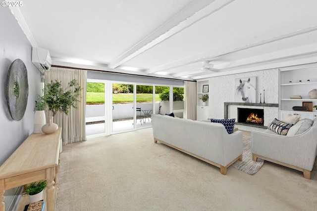 4460 SW Scholls Ferry Rd Unit 5, Portland, OR 97225 - carpeted living area featuring a wall mounted air conditioner, a large fireplace, beam ceiling, and a ceiling fan