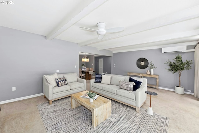 4460 SW Scholls Ferry Rd Unit 5, Portland, OR 97225 - living room with light carpet, ceiling fan, beamed ceiling, and a wall mounted air conditioner
