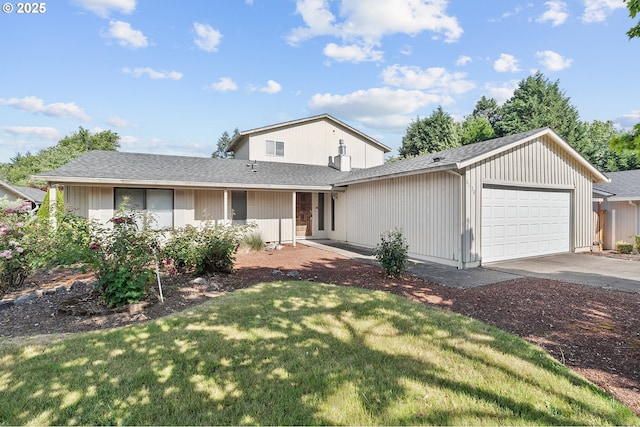8670 SW Indian Hill Ln, Beaverton, OR 97008 - view of front of house with a garage, concrete driveway, roof with shingles, and a front lawn