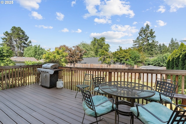 8670 SW Indian Hill Ln, Beaverton, OR 97008 - wooden terrace with a grill, outdoor dining area, and a fenced backyard