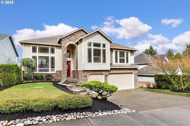 view of front of home with stone siding, a front lawn, an attached garage, and driveway