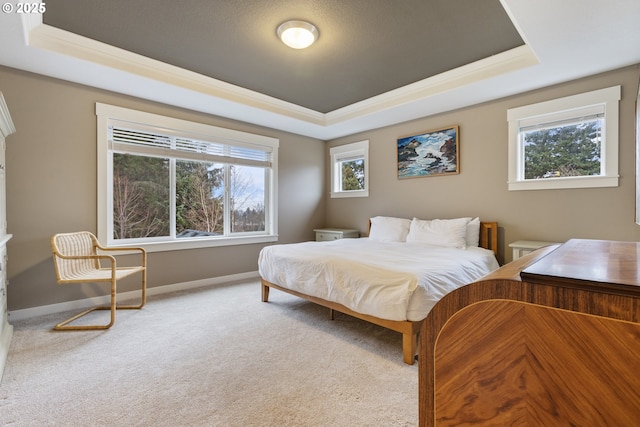 bedroom with a raised ceiling, ornamental molding, carpet floors, and multiple windows