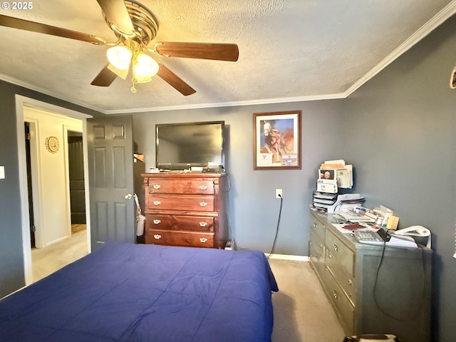 bedroom featuring a textured ceiling, ceiling fan, light colored carpet, baseboards, and ornamental molding