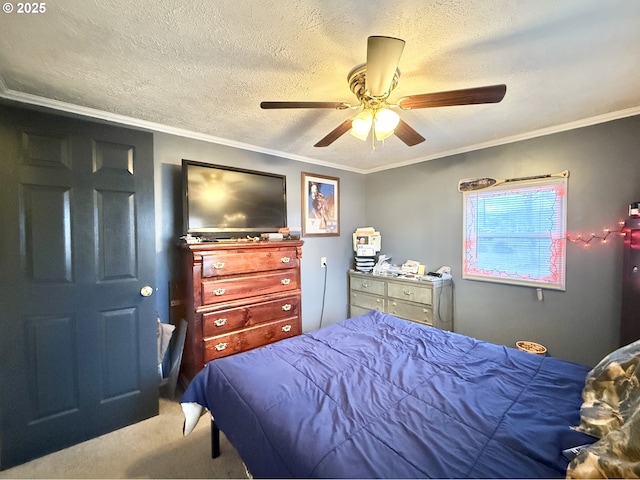 bedroom featuring carpet, crown molding, ceiling fan, and a textured ceiling