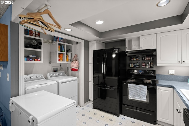 2653 SW 18th Pl, Gresham, OR 97080 - kitchen with black appliances, separate washer and dryer, white cabinets, recessed lighting, and under cabinet range hood