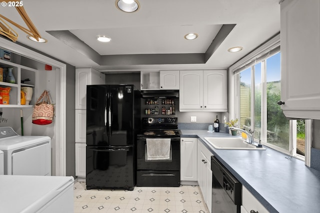 2653 SW 18th Pl, Gresham, OR 97080 - kitchen featuring black appliances, a tray ceiling, white cabinetry, and recessed lighting