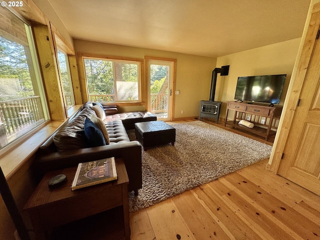 living room with wood-type flooring and a wood stove