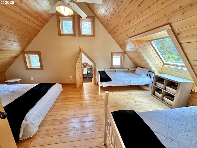 bedroom featuring vaulted ceiling, wooden ceiling, and light hardwood / wood-style flooring