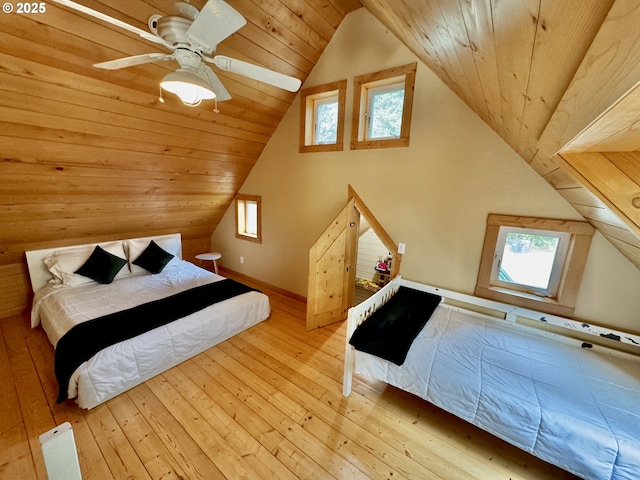 bedroom featuring vaulted ceiling, wooden ceiling, ceiling fan, and light hardwood / wood-style flooring