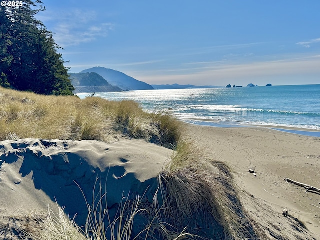 view of water feature featuring a mountain view and a beach view