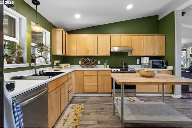 kitchen with stainless steel appliances, vaulted ceiling, light brown cabinetry, and decorative light fixtures