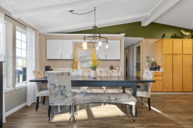 dining area with dark hardwood / wood-style floors, lofted ceiling with beams, and a notable chandelier