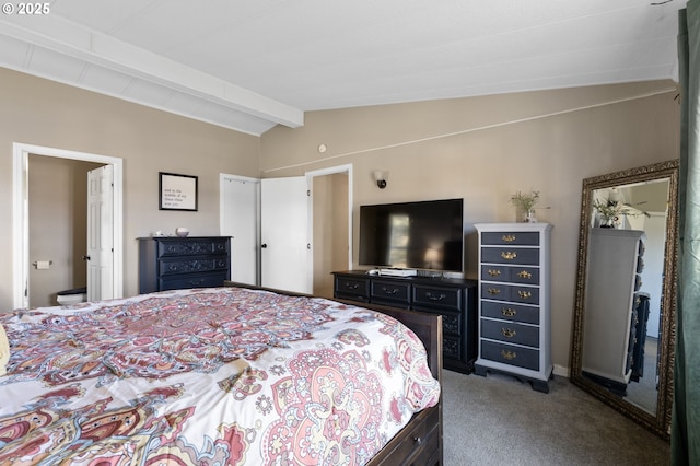 carpeted bedroom with vaulted ceiling with beams